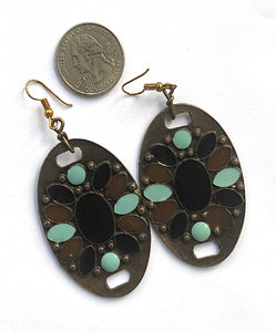 Blue and brown metal earrings