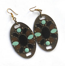 Blue and brown metal earrings